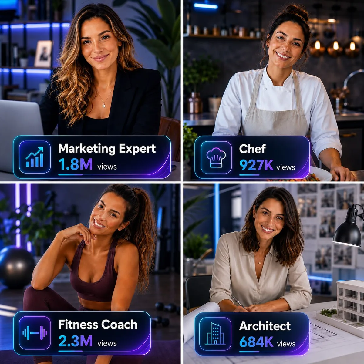 Quattro esempi di influencer AI in nicchie diverse — Marketing Expert, Chef, Fitness Coach, Architect — ciascuno con il proprio profilo social e milioni di view