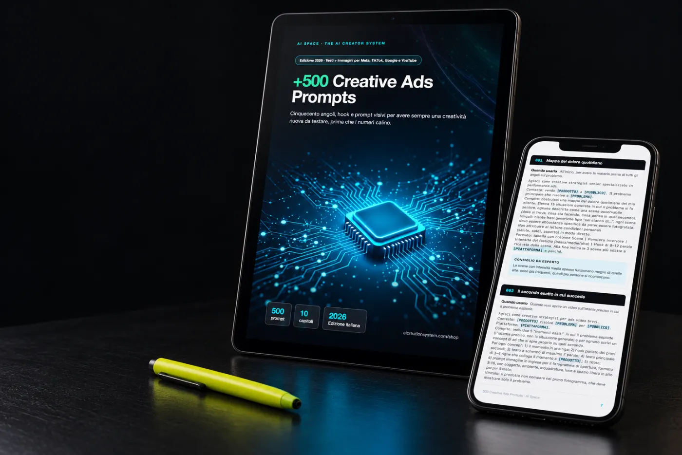 500 Creative Ads Prompts su tablet e telefono: copertina e una pagina vere del PDF