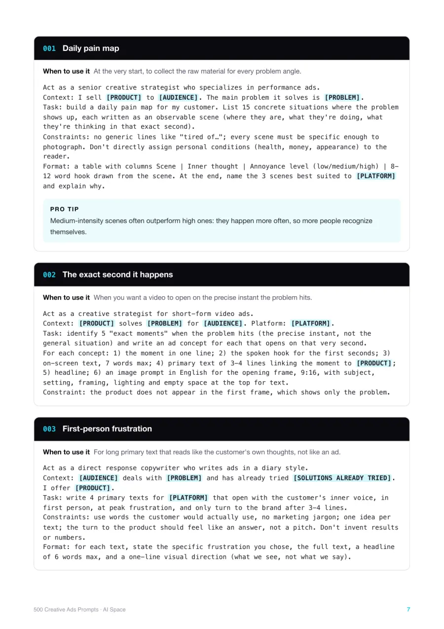 A page of prompts