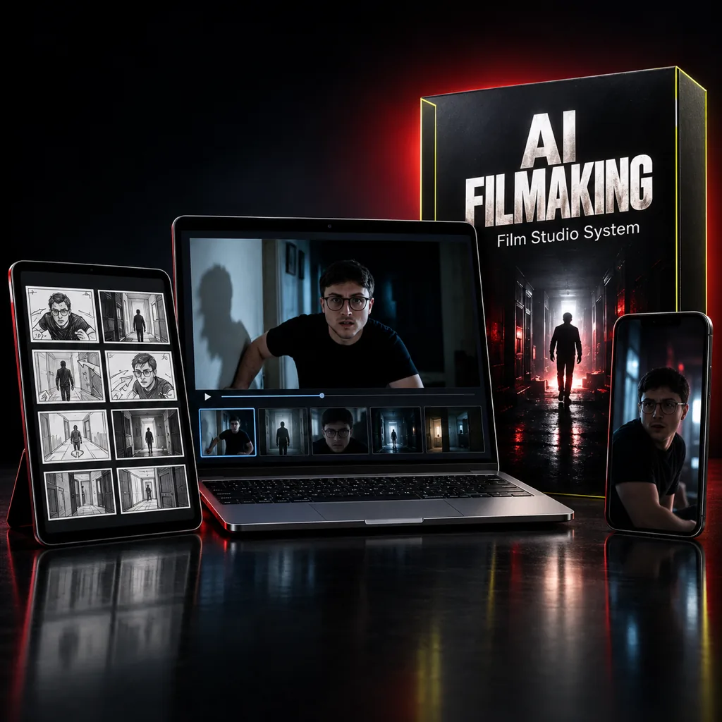 AI Filmaking: box, laptop con il corso, tablet con lo storyboard e telefono