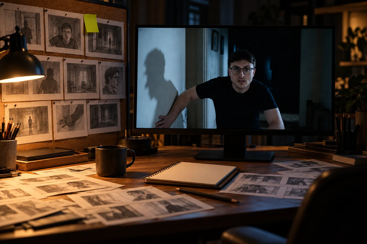 Tavolo di regia con lo storyboard a matita e la scena finale sul monitor