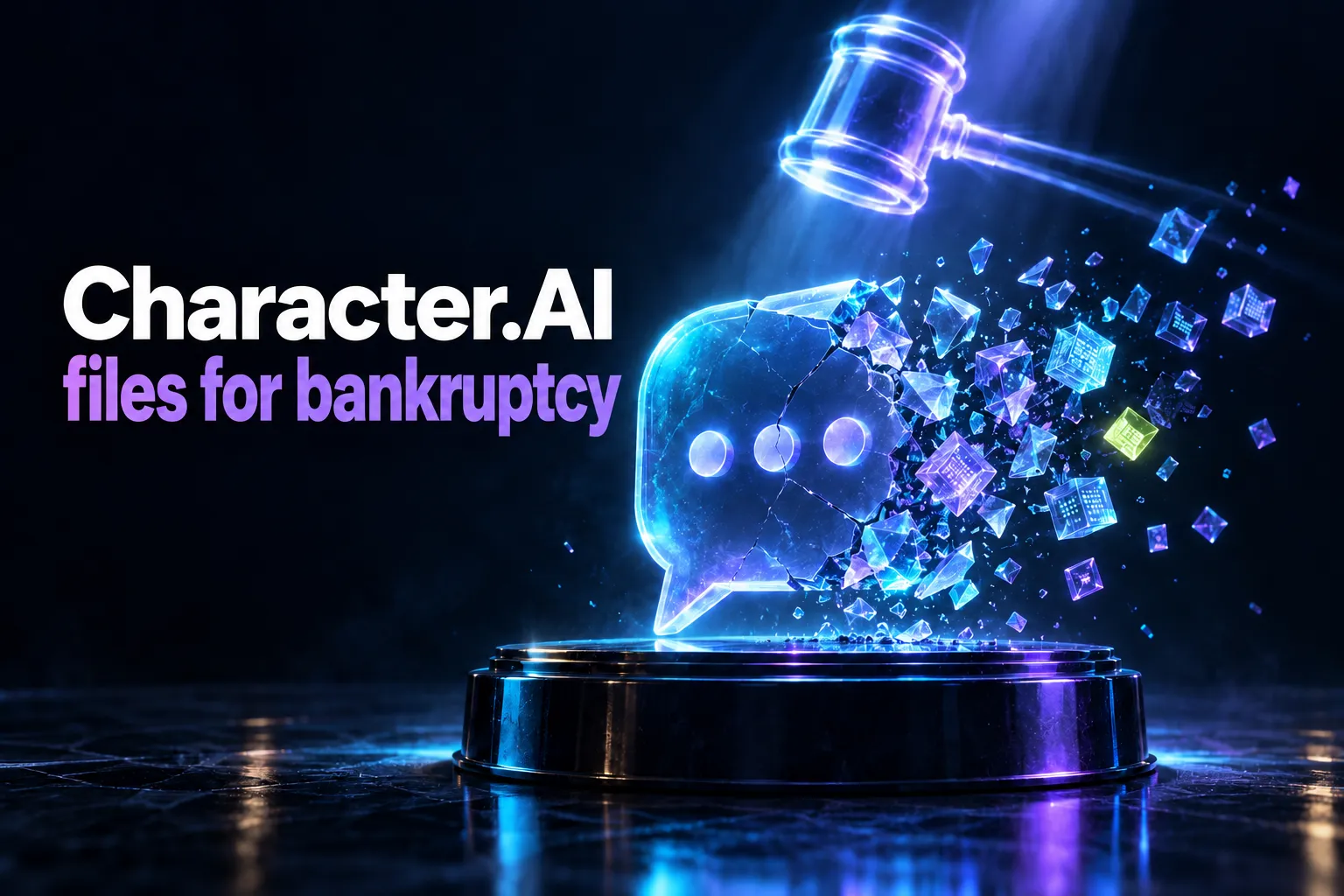 AI-generated cover: glowing chat bubble shattering on a pedestal under a gavel of light, with the headline Character.AI files for bankruptcy