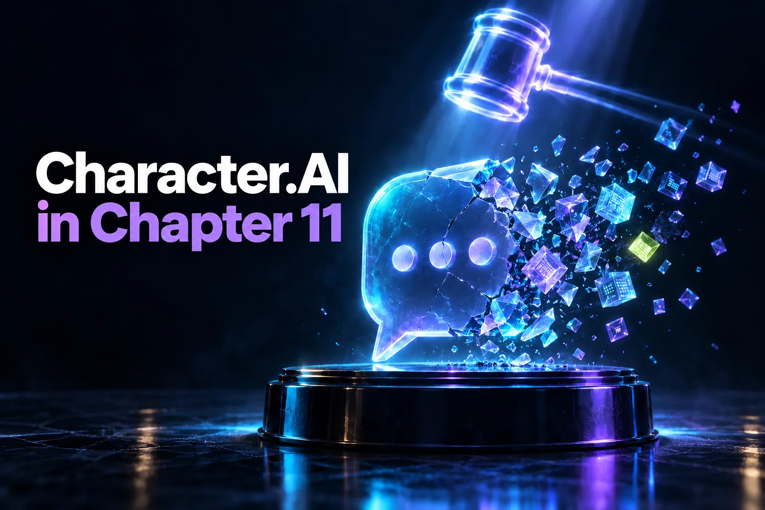 Copertina generata con l'IA: fumetto di chat luminoso che si frantuma su un piedistallo sotto un martelletto di luce, con il titolo Character.AI in Chapter 11