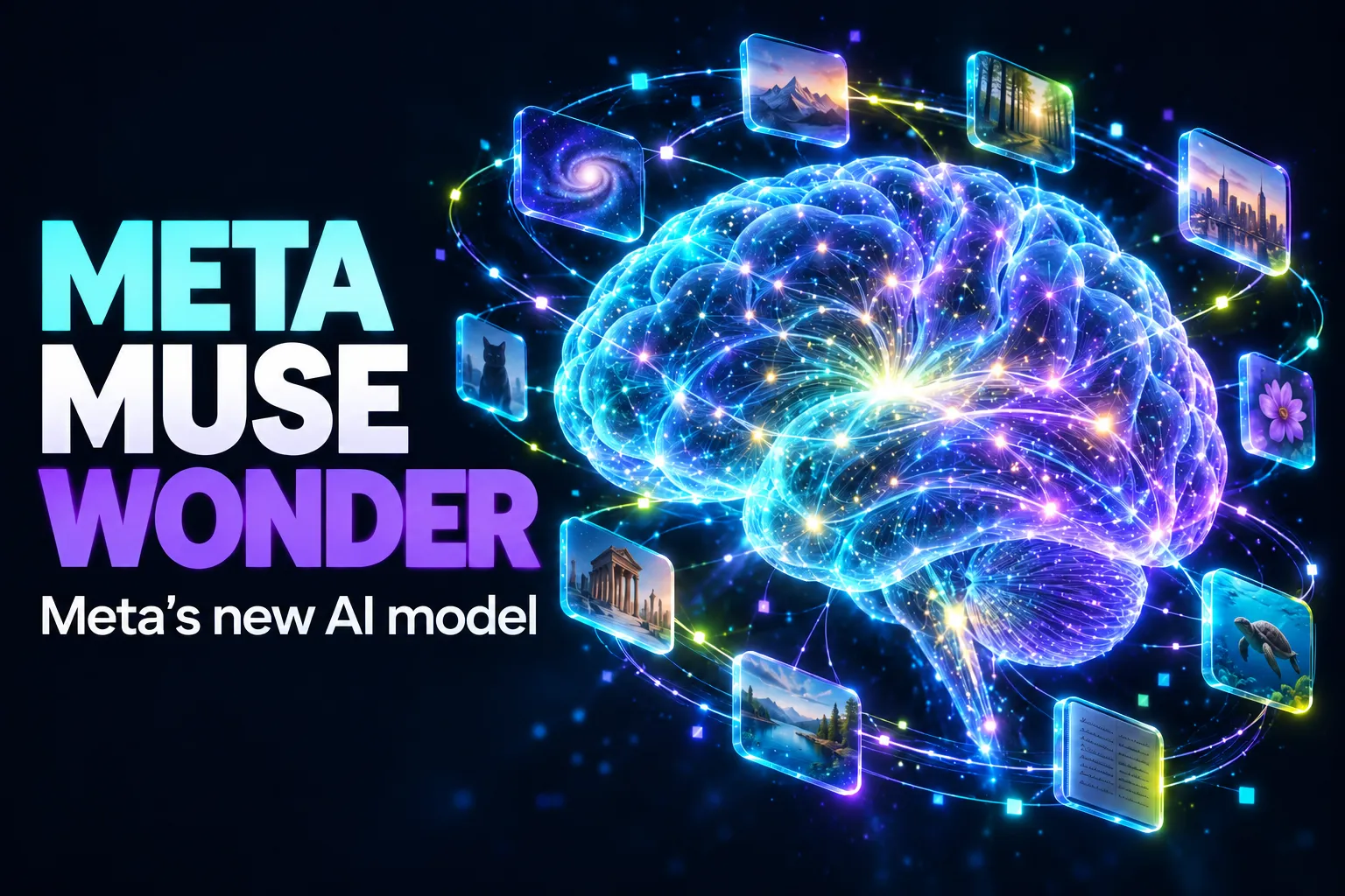 Cover: glowing digital brain in cyan and violet on a midnight blue background with the headline Meta Muse Wonder
