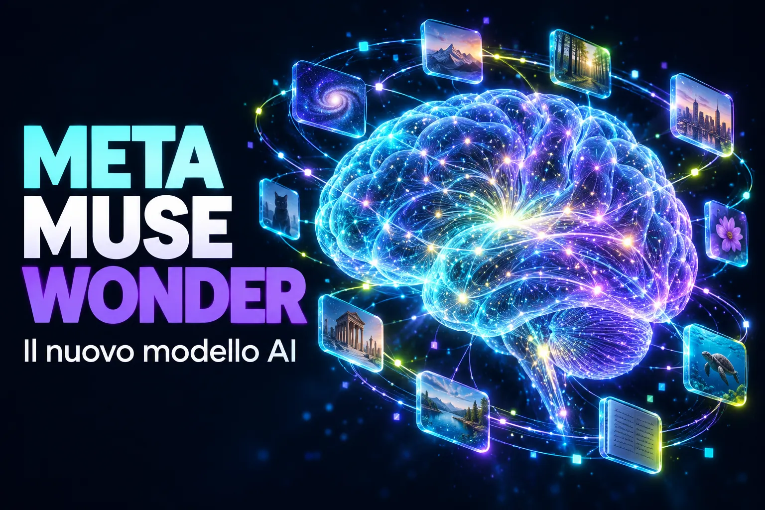 Copertina: cervello digitale luminoso in ciano e viola su sfondo blu notte con il titolo Meta Muse Wonder