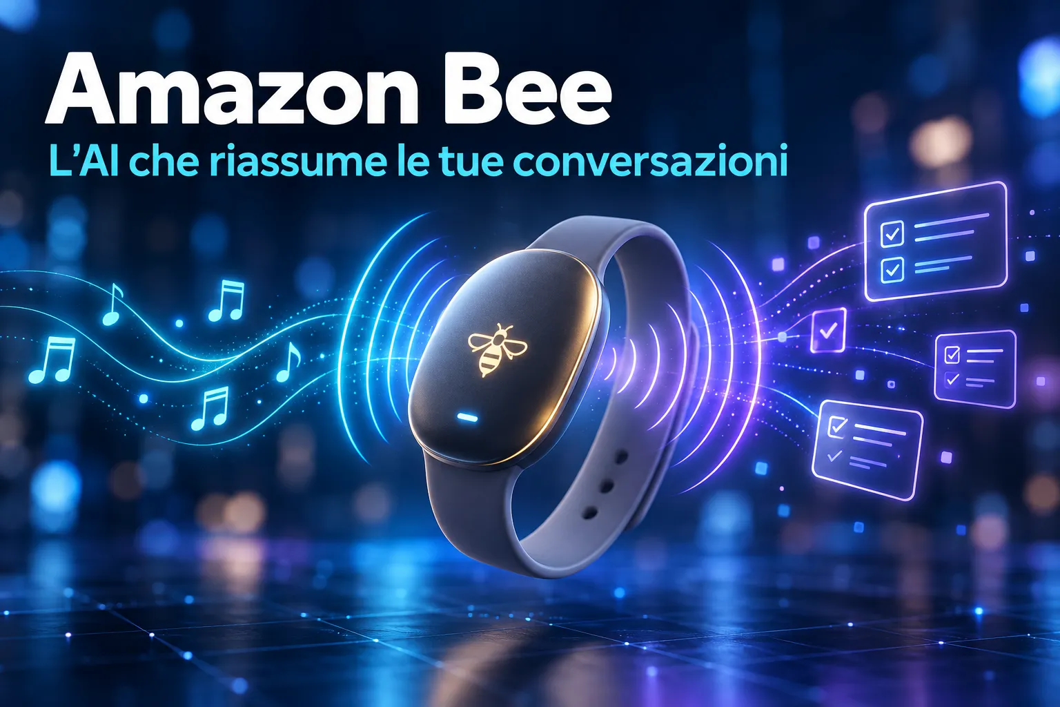 Copertina generata con l'IA: braccialetto AI con un'ape stilizzata e onde sonore che diventano liste di cose da fare, con il titolo Amazon Bee