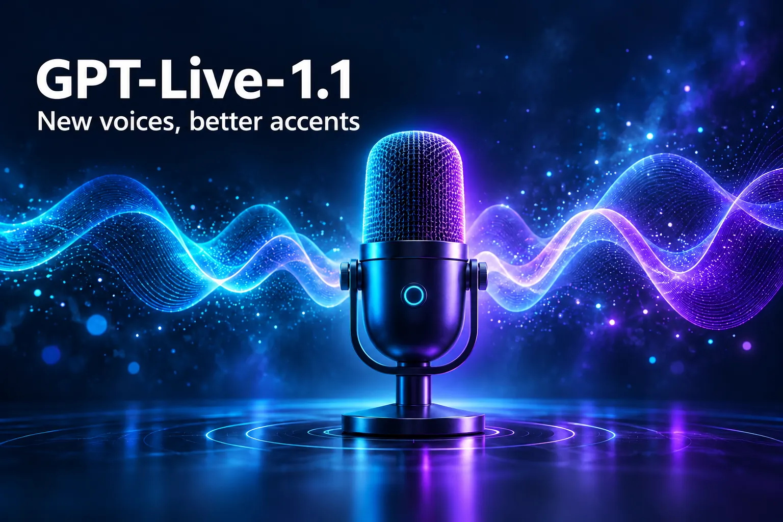 AI-generated cover: a glowing microphone with cyan and violet sound waves on a midnight blue background and the title GPT-Live-1.1