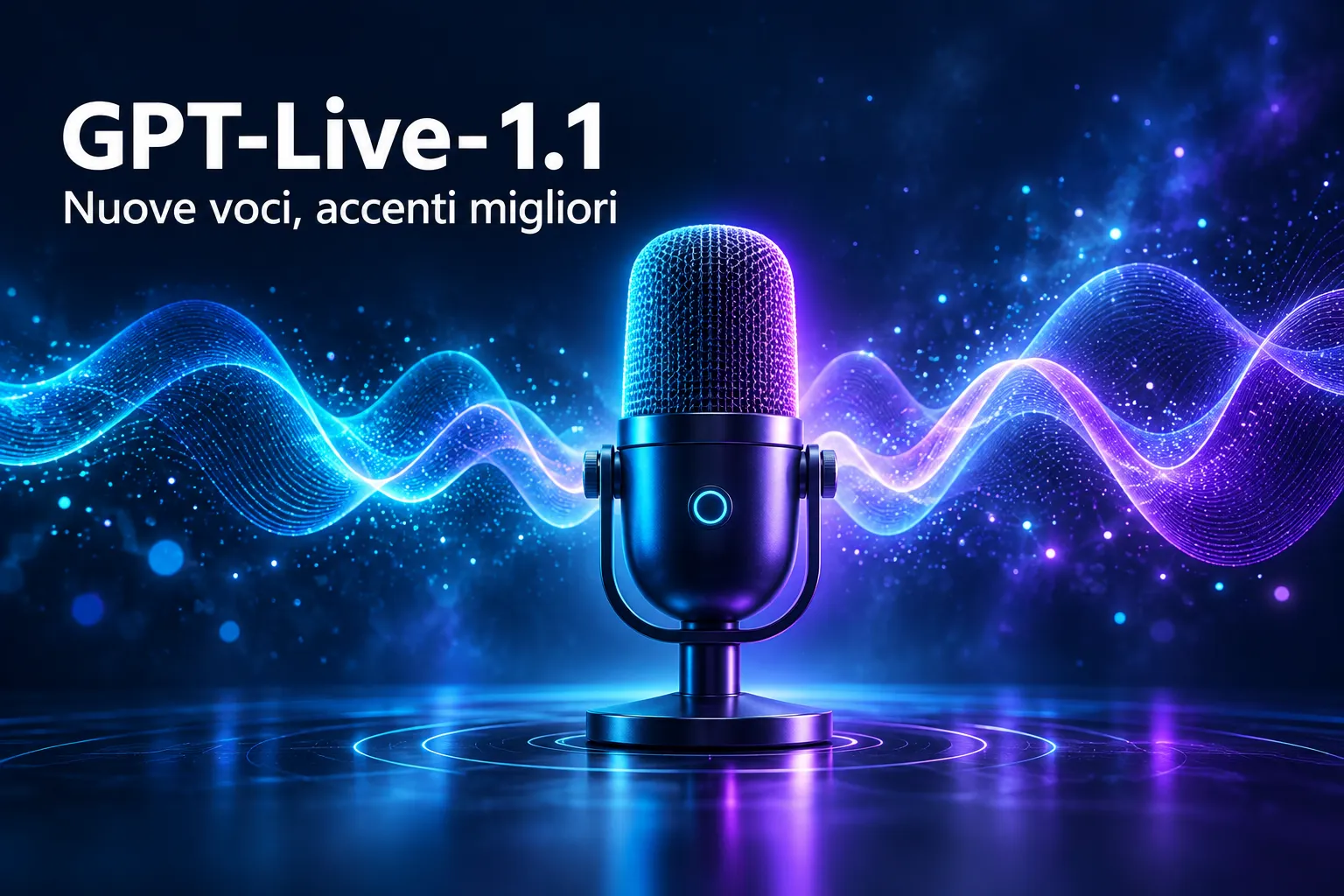 Copertina generata con l'IA: microfono luminoso con onde sonore ciano e viola su sfondo blu notte e il titolo GPT-Live-1.1