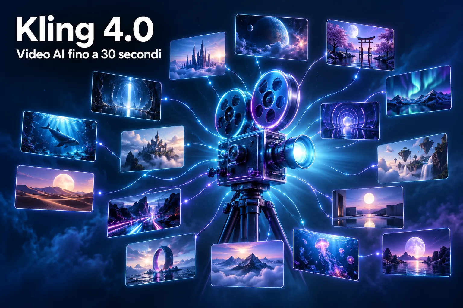 Copertina generata con l'IA: una cinepresa luminosa circondata da quindici fotogrammi di riferimento collegati da fili di luce, con il titolo Kling 4.0