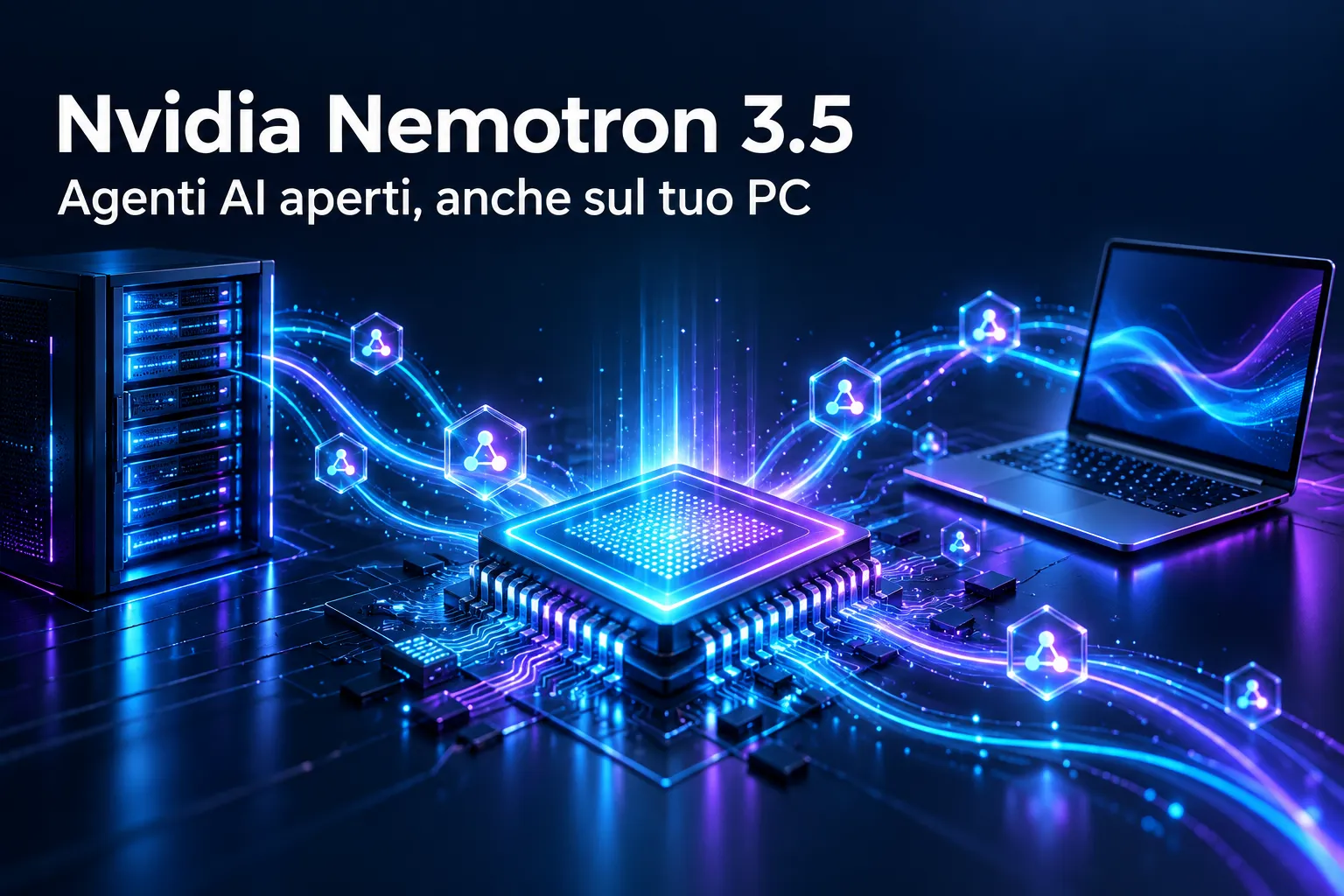 Copertina generata con l'IA: chip luminoso ciano e viola da cui partono agenti AI verso un server e un portatile, con il titolo Nvidia Nemotron 3.5